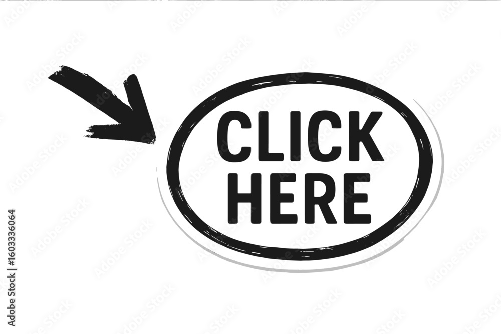 Aufkleber click here button vector icon. hand drawn grunge sticker with arrow. call to action banner for websi