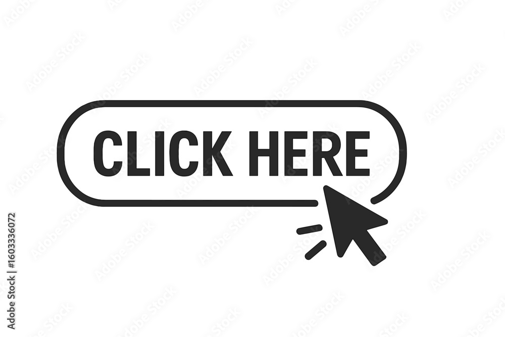 Poster click here web button with arrow cursor pointer icon. call to action concept for website navigation 