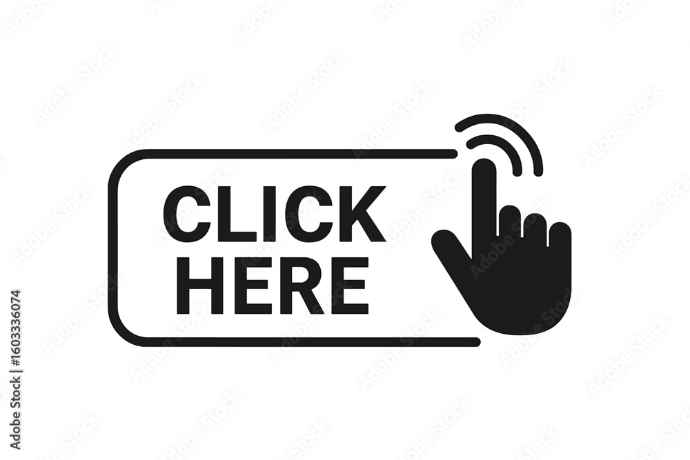 Poster click here button vector with hand cursor icon. web button for website navigation and call to action