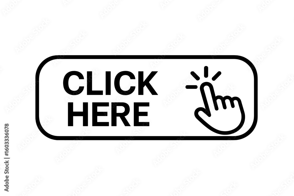 Poster click here vector web button with hand pointer clicking cursor. call to action concept. ui design el