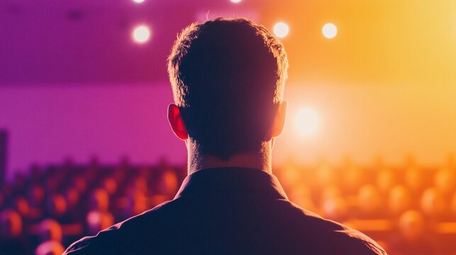 Professional speaker engaging audience at a brightly lit auditorium exuding confidence and assurance, with engaged and attentive listeners