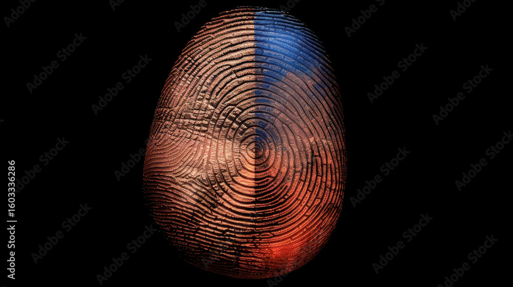 Aufkleber glowing fingerprint split into red and blue halves, showcasing intricate patterns and textures. desi