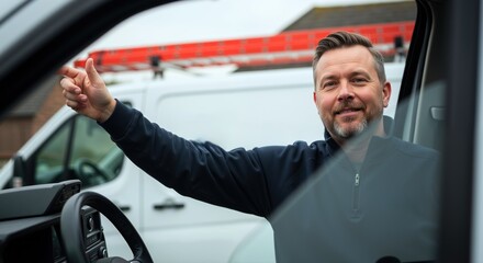Happy man in blue sweater giving thumbs up while sitting in car with positive expression. Smiling driver showing approval gesture from vehicle window. Success and satisfaction concept