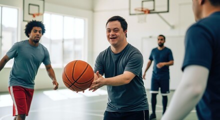Man with Download Syndrome Playing Basketball with Diverse Team in Indoor Gymnasium. Happy Person Dristbling Ball During Inclusive Sports Activity. Community Inclusion and Teamwork Concept