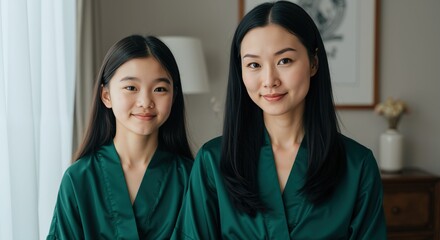 Asian mother and daughter in matching green satin robes smiling together in bright home interior. Two females bonding in comfortable sleepwear during morning routine. Family relationship concept
