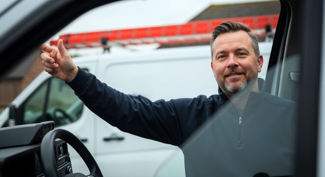 Happy man in blue sweater giving thumbs up while sitting in car with positive expression. Smiling driver showing approval gesture from vehicle window. Success and satisfaction concept