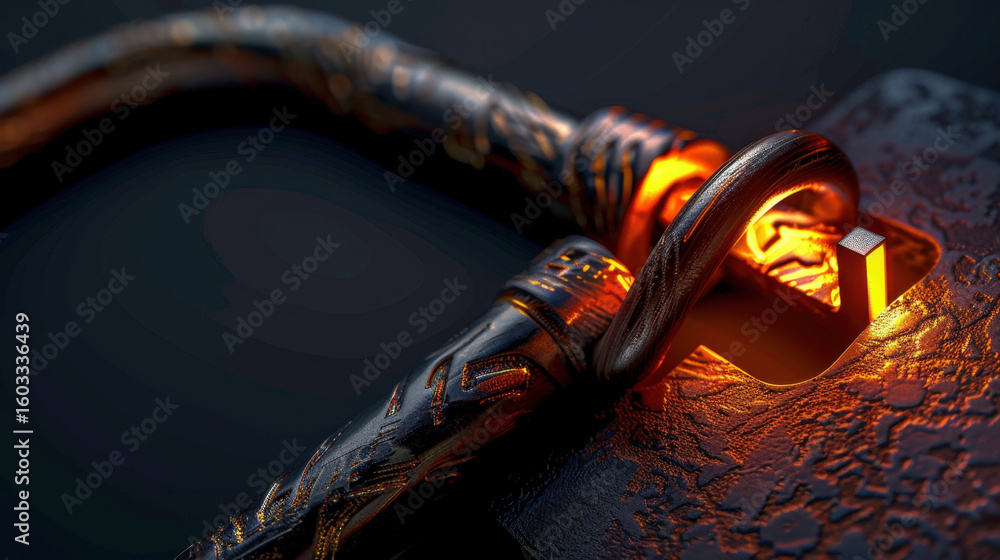 Poster glowing lock icon is depicted, surrounded by intricate patterns and textures, symbolizing security a