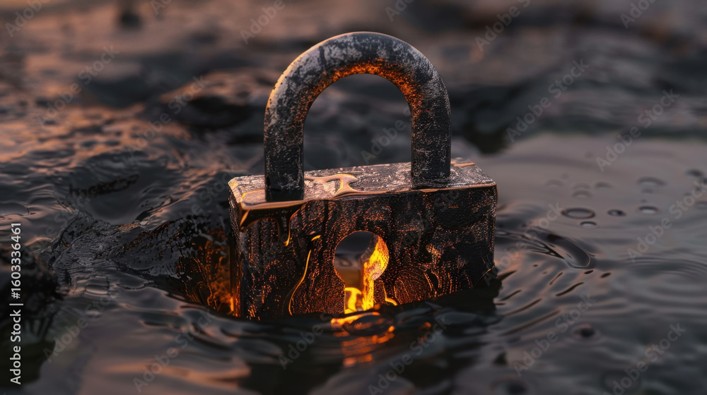 Poster glowing lock icon submerged in dark water, symbolizing security and vulnerability. contrast of illum