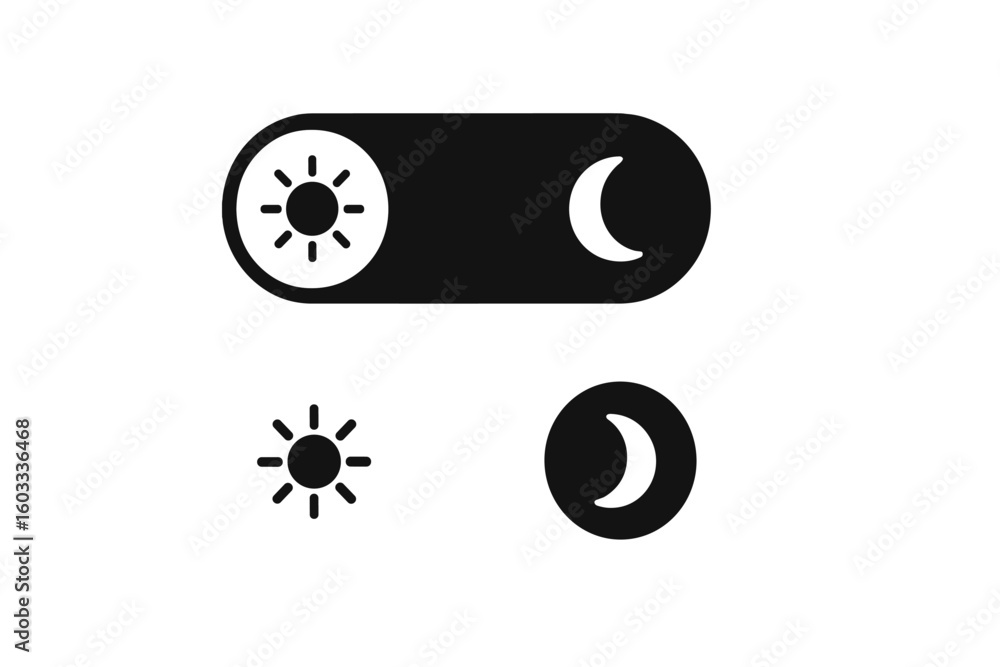 Poster day and night toggle switch vector icons. dark and light mode sun moon button. black white ui/ux web
