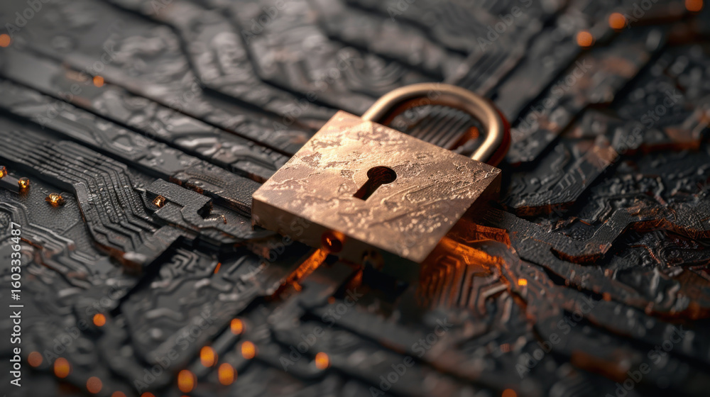 Poster glowing lock symbol rests on dark circuit board, symbolizing security and technology. intricate patt
