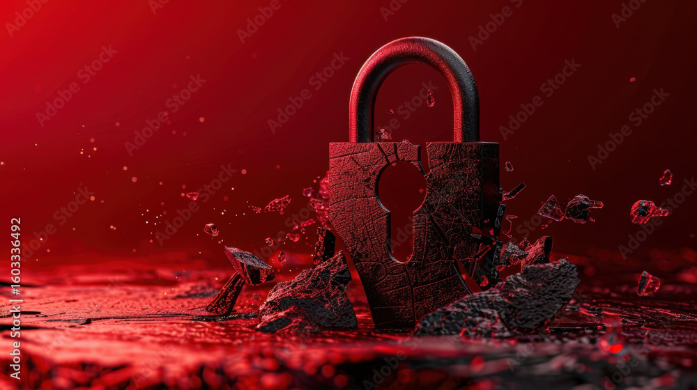 Poster glowing padlock breaking apart in digital fragments, symbolizing security and vulnerability in strik