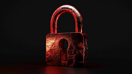 Glowing red alert lock icon stands prominently against black background, symbolizing security and caution. metallic texture adds depth, evoking sense of urgency and importance