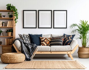 Bohemian living room with beige sofa patterned cushions layered rugs open bookshelf and plants