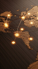 Wooden world map with illuminated connection lines, showcasing global network, communication, and interconnectedness, ideal for technology or travel concepts