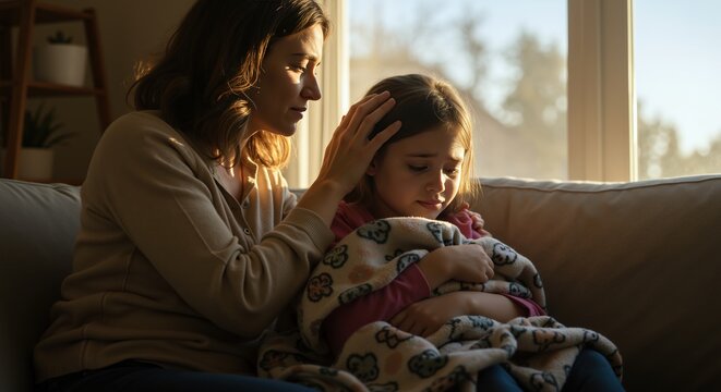 Mother comforting sick daughter with fever lying on sofa under blanket in warm home interior. Woman caring for ill child during illness recovery at home. Healthcare and parenting concept