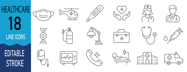 Healthcare Vector Icon Set, Thin Line, Medical, Treatment, Disease, Hospital