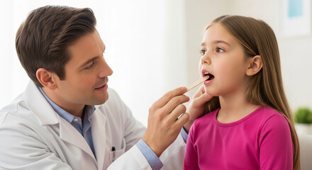 Doctor examining a young girl's throat with a tongue depressor, showcasing healthcare and medical examination