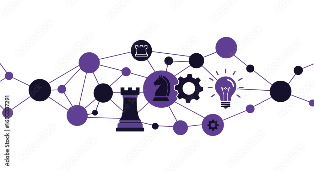 Poster chess strategy icons with network connections in flat design