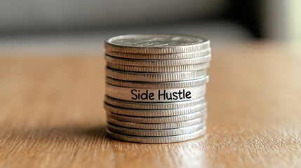 Coins stacked on a wooden surface symbolize the concept of side hustle and financial growth in recent times hinting at the extra income generated through alternative work