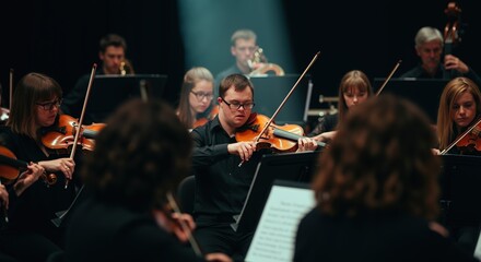 Fototapeta premium Orchestra musicians performing classical music with violins and string instruments in concert hall. Professional ensemble playing symphony during live performance for audience. Cultural arts concept