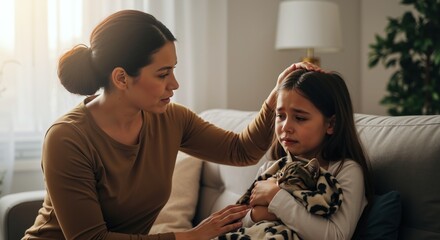 Mother comforting crying daughter on beige sofa in bright living room with gentle touch and caring expression. Woman consoling upset child during emotional moment at home