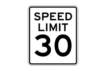 Speed limit 30 mph road sign vector illustration. Traffic regulation and safety symbol for street and highway. Driving law icon. Maximum speed transportation concept.