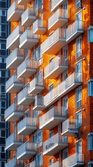 Close up image of modern apartment building with balconies and windows