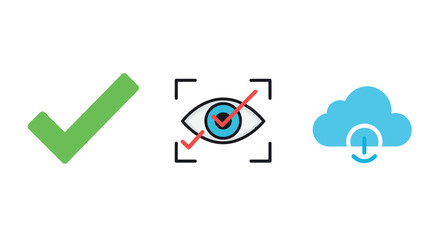 Checkbox, visual verification, and cloud backup icons in flat style