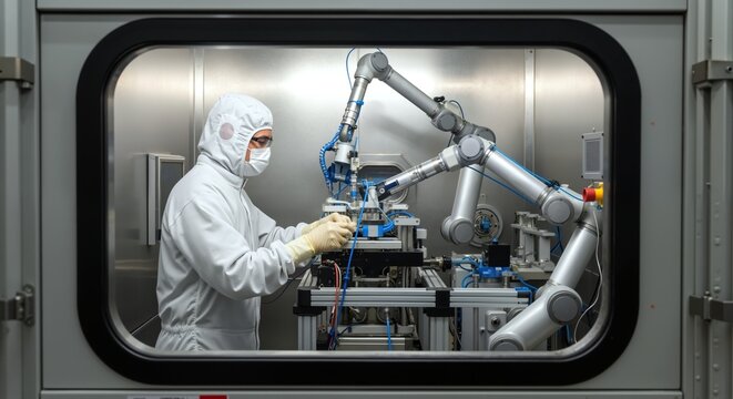 Technician in white cleanroom suit operating robotic arm equipment in sterile manufacturing laboratory environment. Worker controlling automated machinery for precision assembly operations