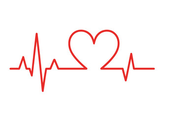Heartbeat pulse line love shape. Concept healthcare, medicine, cardiology. EKG, ECG cardiogram monitor. Red heart symbol. Metaphor life, passion, health. One line drawing.