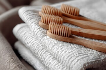 Natural toothbrushes resting on bathroom towels high resolution picture