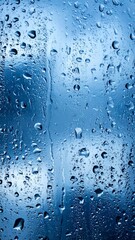 Fototapeta premium Rain Drops on the Window Glass Creating Abstract Textures in Shades of Blue