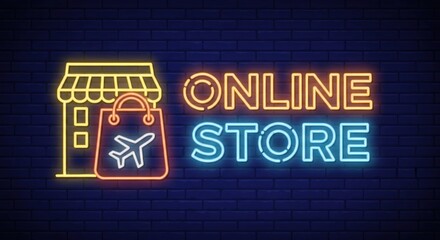 Obraz premium Neon sign depicting an online store with a travel theme against a brick wall backdrop