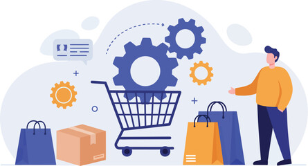 Flat design online shopping concept with gear mechanism and cart