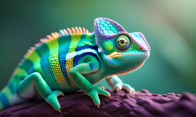 Fototapeta premium Vibrant Chameleon Portrait: Colorful Reptile Resting on Branch, Close-Up View