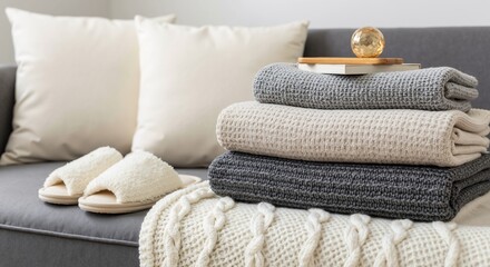 Stack of folded knitted blankets and towels with slippers on gray sofa creating cozy home textile display. Comfortable bedding arrangement for hygge interior