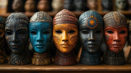 Colorful wooden african masks displayed on a wooden shelf showcasing tribal art and culture.