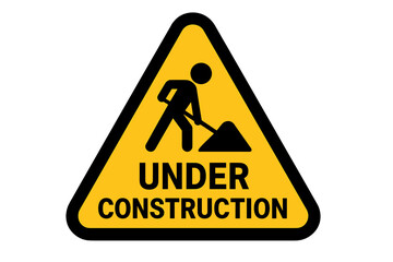 Under construction sign vector illustration. Road work warning symbol. Man digging icon. Yellow caution triangle. Website maintenance concept. Safety pictogram for building site.