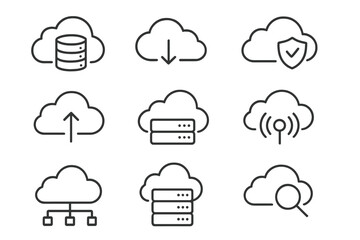 Cloud computing storage icons set. Outline vector symbols of cloud database, secure backup, upload, download, wireless network, distributed server, data search. Technology web concept illustration
