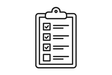 Detailed Clipboard Checklist Icon Outline. Survey Form Clip Board Symbol. Minimalist Tick Box To-Do List. Task Management, Planner, Organizer, Audit Inspection. Black Line Vector Isolated Illustration