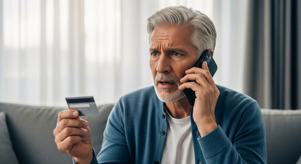 Mature man on phone, holding credit card, showing concerned expression. Image depicts financial worry, online security, or customer service issue