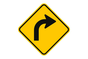 Road sign warning of a sharp curve to the right. Yellow diamond traffic symbol for dangerous bend ahead. Driving safety icon. Caution hazard on highway vector illustration.