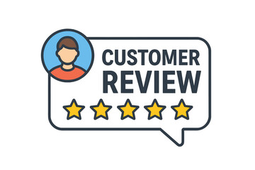 Customer review feedback speech bubble with avatar icon and five star rating. Concept of positive testimonial, satisfaction, product rating banner, client feedback illustration