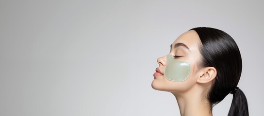 Beautiful asian woman green eye mask patch grey background skincare beauty treatment. Female cosmetic procedure anti-aging wellness relaxation spa concept