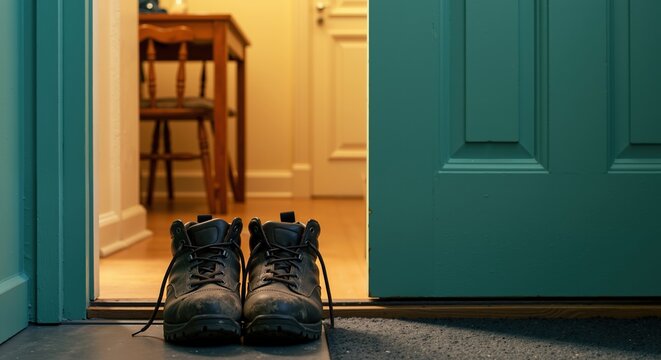 Muddy work boots doorway turquoise door home entrance safety footwear construction worker. Dirty shoes threshold interior warm lighting professional tradesman equipment. Work safety concept - Powered by Adobe