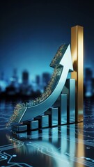 Upward bar graph on circuit board represents growth, technology, and financial analytics integration