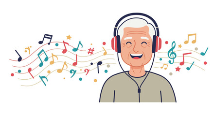 Happy elderly man enjoying music with headphones and colorful notes