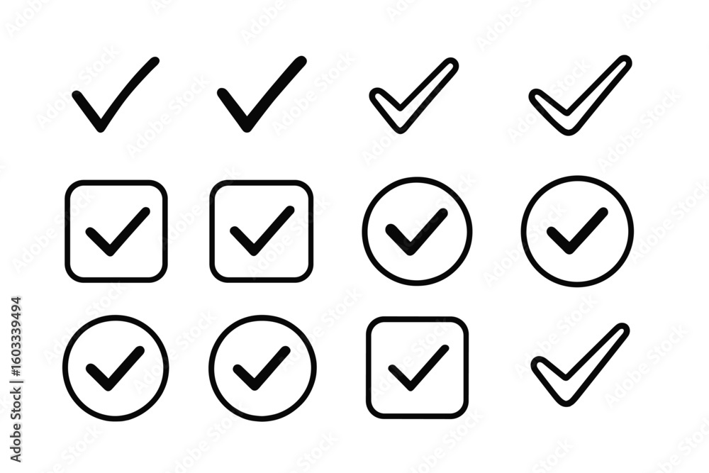 Poster checkmark icon set. flat linear design collection of black check marks for websites and apps. correc