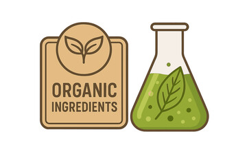Organic ingredients vector icon for packaging. Natural cosmetic and food production concept. Lab flask with leaf. Bio technology, science, and chemistry research symbol.