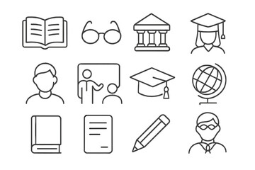 Education line icon set. School, university, and learning symbols. Student, teacher, graduation cap, book, and globe pictograms for web and mobile app design. Outline vector.